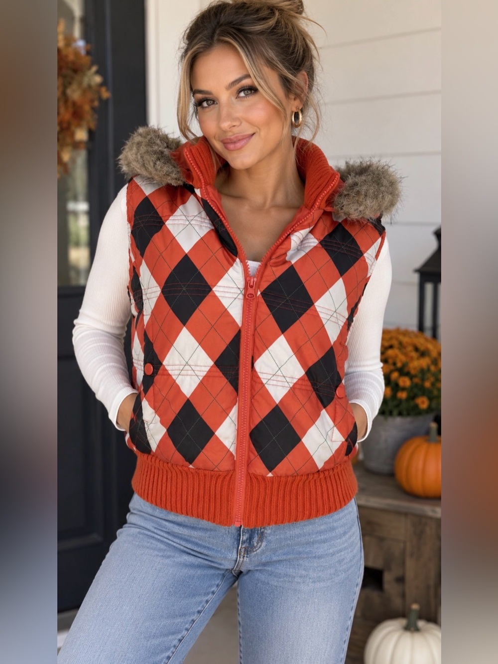 Ashley By 26 International Orange/Black/White Quilted Faux-Fur Hooded Vest